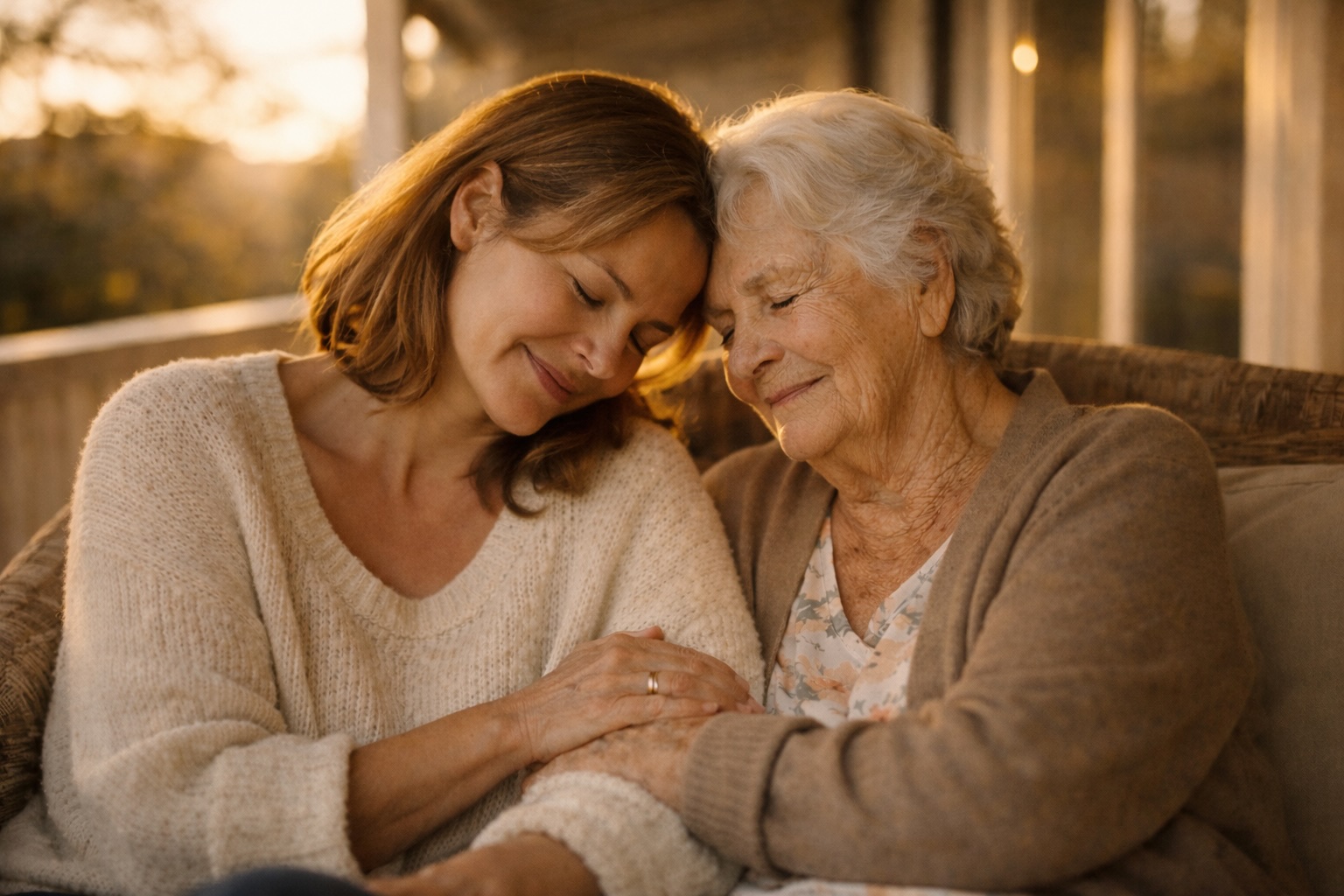 Mother and adult daughter sharing a warm moment on a sunlit porch, both laughing